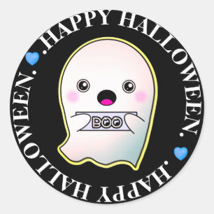 Adesivo Redondo Feliz Fantasma das Halloween, Cute Ghost, dizendo 