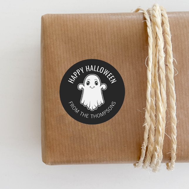 Adesivo Redondo Feliz Fantasma do Halloween Sorrindo Texto Persona (Ideal for personalizing Halloween gifts and party favors, for example.)