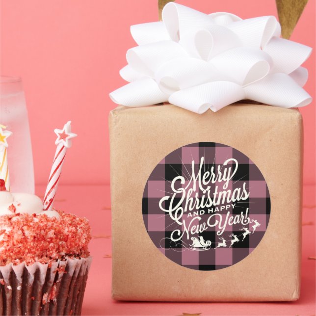 Adesivo Redondo Feliz Feliz ano novo de Natal - Verificação Roxa (Festa)