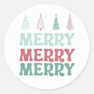 Adesivo Redondo Feliz Feliz Feliz com Árvores de Natal Pastel Boho