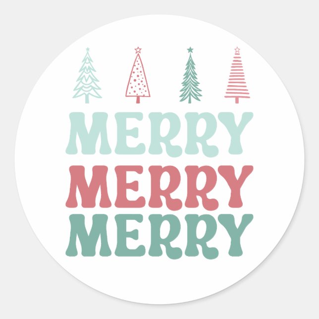 Adesivo Redondo Feliz Feliz Feliz com Árvores de Natal Pastel Boho (Frente)