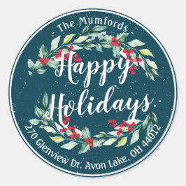 Adesivo Redondo Feliz Feriado Feliz Natal Holly Endereço Floral