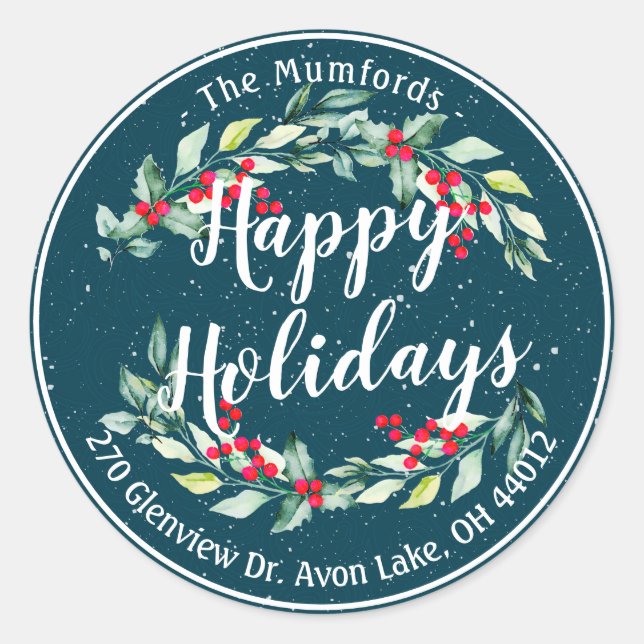 Adesivo Redondo Feliz Feriado Feliz Natal Holly Endereço Floral (Frente)
