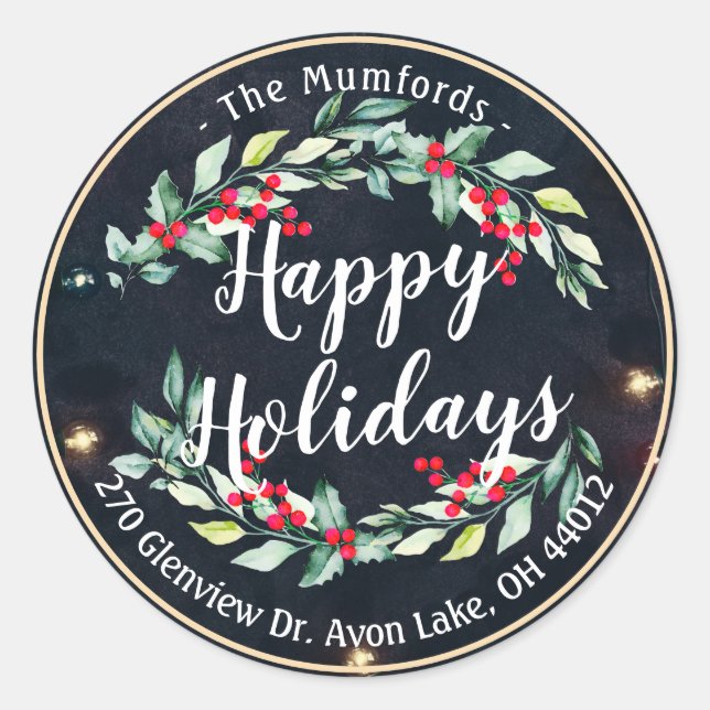 Adesivo Redondo Feliz Feriado Feliz Natal Holly Endereço Floral (Frente)