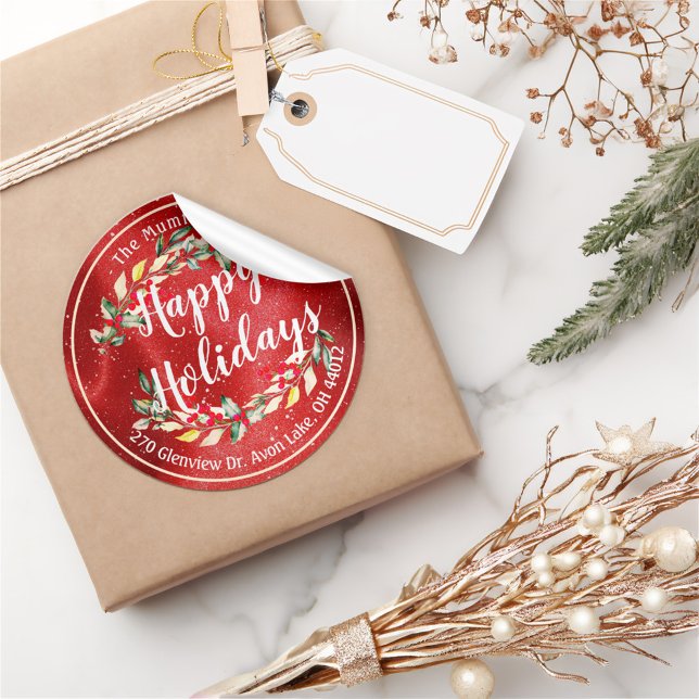 Adesivo Redondo Feliz Feriado Feliz Natal Holly Endereço Floral (Criador carregado)