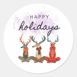 Adesivo Redondo Feliz feriado. Veado numa pose de ioga