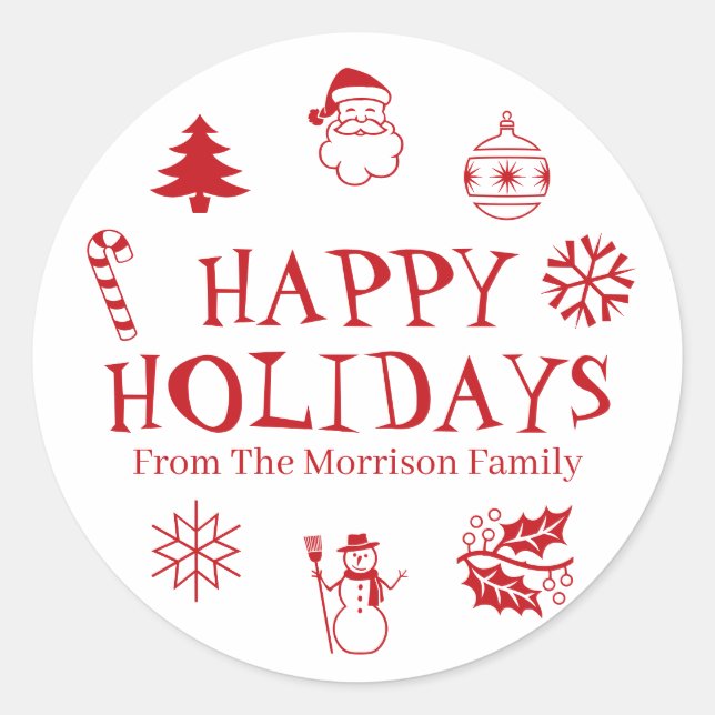 Adesivo Redondo Feliz feriados vermelhos nome personalizado branco (Frente)