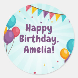 Adesivo Redondo Feliz Festa de Aniversário - Balões Azuis Claro