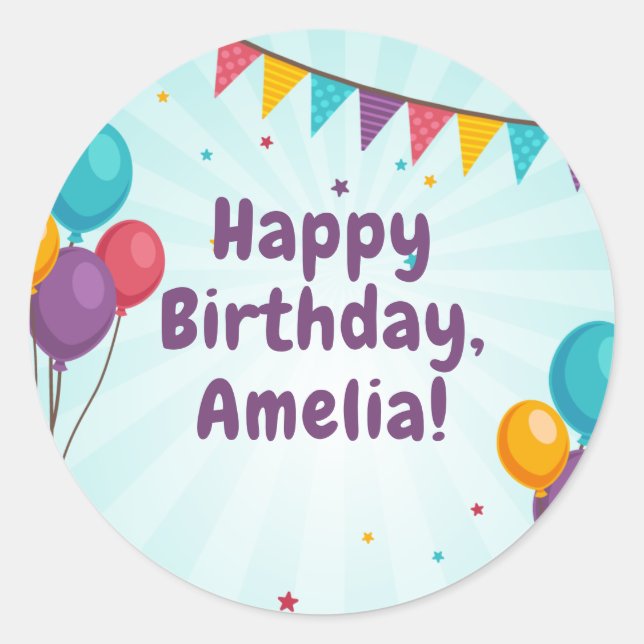 Adesivo Redondo Feliz Festa de Aniversário - Balões Azuis Claro (Frente)