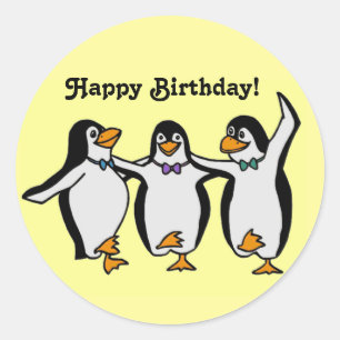 Adesivo Redondo Feliz Festa de aniversário de Pinguins Dançando