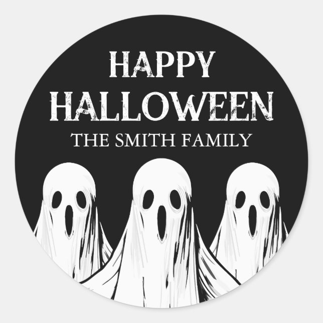 Adesivo Redondo Feliz Festa de Halloween, fantasma preto e branco (Frente)