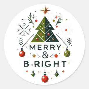 Adesivo Redondo Feliz festiva e Design de árvore de Natal brilhant