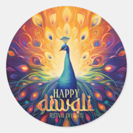 Adesivo Redondo Feliz Festival de Luzes de Peacock Vibrante Diwali