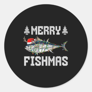 Adesivo Redondo Feliz Fishmas Atum Peixe Natal Chapéu do Papai Noe