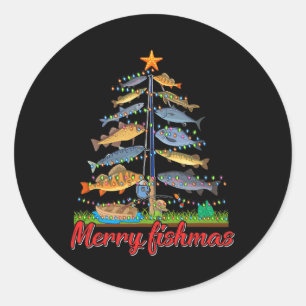 Adesivo Redondo Feliz Fishmas Engraçado Árvore de Natal Fisher