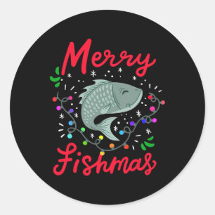 Adesivo Redondo Feliz Fishmas Engraçado Árvore de Natal Luzes de P