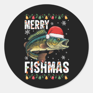 Adesivo Redondo Feliz Fishmas Engraçado Pesca Natal Pajama Fishe