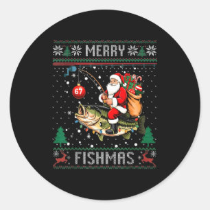 Adesivo Redondo Feliz Fishmas Papai Noel Montando B Peixe Natal Ca