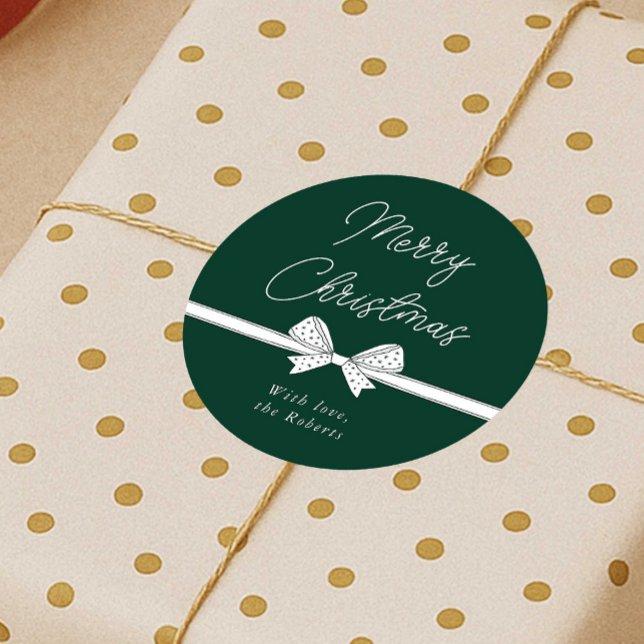 Adesivo Redondo Feliz Fita de Natal Moderno Manuscrito (Modern whimsical bow green and white Christmas stickers)
