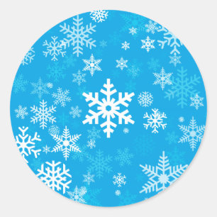 Adesivo Redondo Feliz Floco de Neve Feriado Azul Padrão Todos