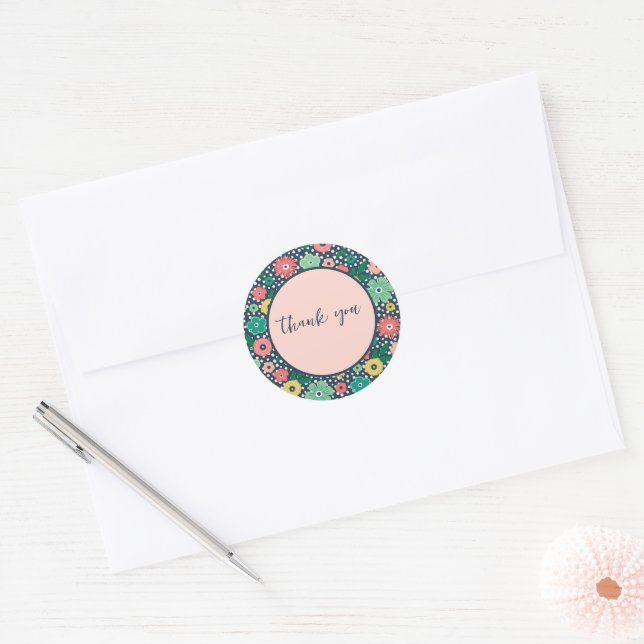 Adesivo Redondo Feliz Flores Marinho De Blush Obrigado (Envelope)