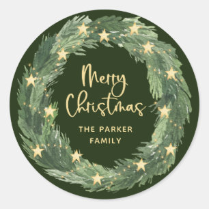 Adesivo Redondo Feliz Fúria de Natal com Douradas Estrelas em Ver
