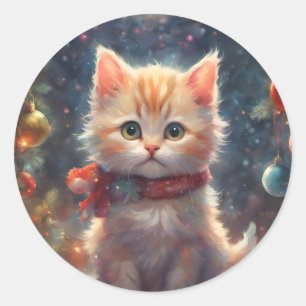 Adesivo Redondo Feliz Gato De Natal, Gatinho De Férias, Pet