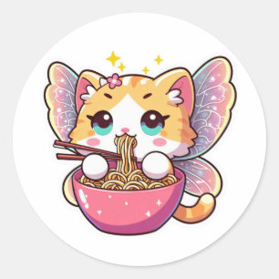 Adesivo Redondo Feliz gato giro comendo macarrão