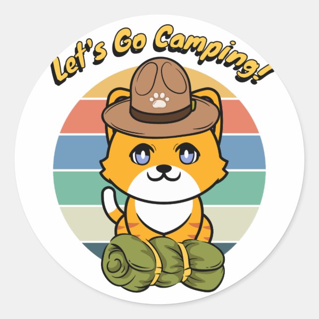 Adesivo Redondo Feliz gato laranja quer ir acampar (Frente)
