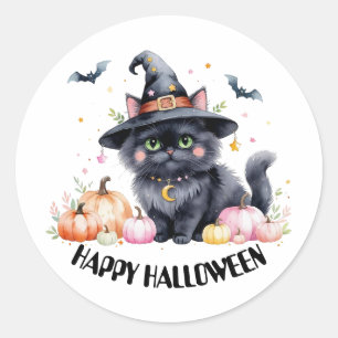 Adesivo Redondo Feliz Gato Negro Bonito de Halloween