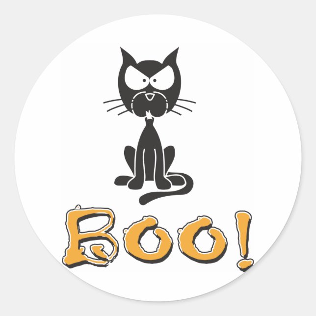Adesivo Redondo Feliz Gato Preto de Halloween Boo (Frente)