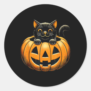 Adesivo Redondo Feliz Gato Preto Em Fantasia De Abóbora De Hallowe