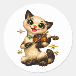 Adesivo Redondo Feliz Gato Siameses Tocando Violino Retro Meados d