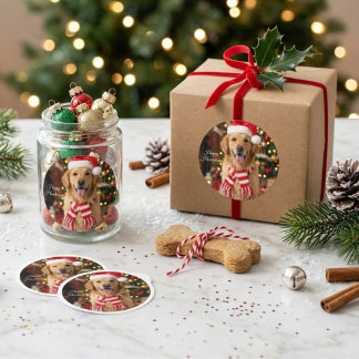 Adesivo Redondo Feliz Golden Retriever Cute Cachorro de Natal