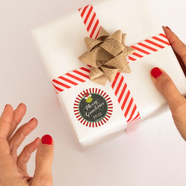 Adesivo Redondo Feliz Grinchmas | Festa de Natal (Sticker on gift)