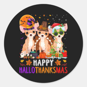 Adesivo Redondo Feliz Hallothanksmas Cachorro Chihuahua Halloween