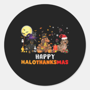Adesivo Redondo Feliz Hallothanksmas Dachshund Dog Halloween