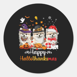 Adesivo Redondo Feliz Hallothanksmas Pomerânia Cão de Halloween Ch