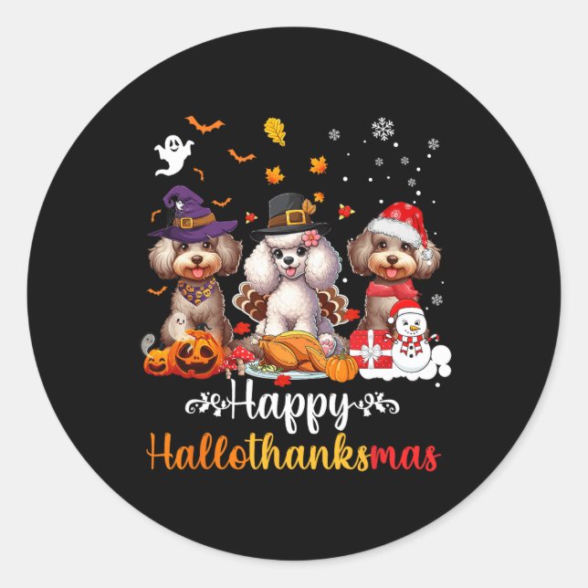 Adesivo Redondo Feliz Hallothanksmas Poodle Dog Halloween Christma (Frente)