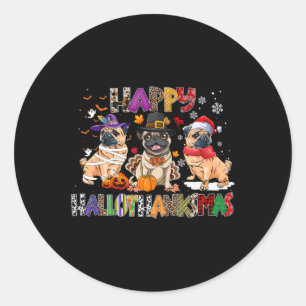 Adesivo Redondo Feliz Hallothanksmas Pug Dog Halloween Chris