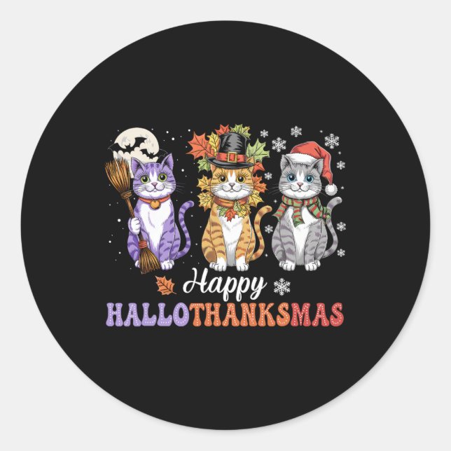 Adesivo Redondo Feliz Hallothanksmas Shirt Cats Lover Halloween (Frente)