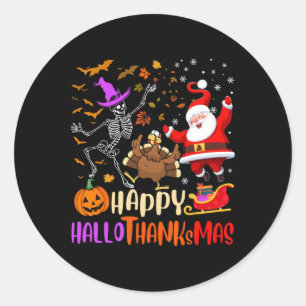 Adesivo Redondo Feliz Hallothanksmas Skeleton Pumpkin Papais noeis