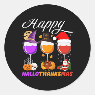 Adesivo Redondo Feliz Hallothanksmas Wine Glass Halloween Thanksgi