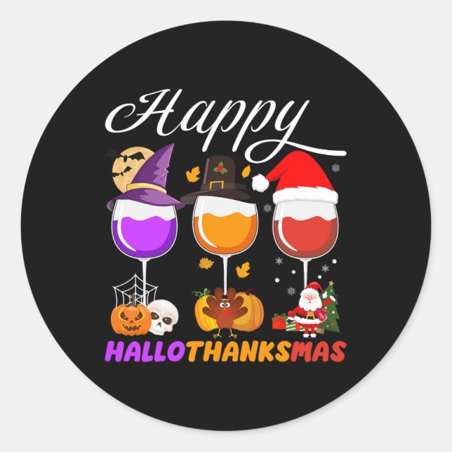 Adesivo Redondo Feliz Hallothanksmas Wine Glass Halloween Thanksgi (Frente)