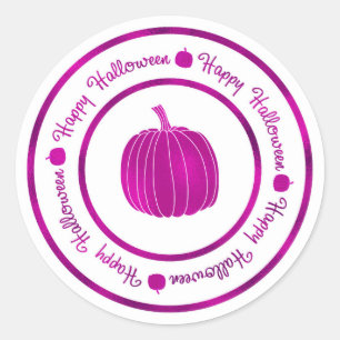 Adesivo Redondo Feliz Halloween & Abóbora Roxo Brilho Glam Moderno