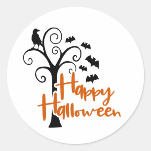 Adesivo Redondo Feliz Halloween Árvore Laranja Preta Morcegos Assu