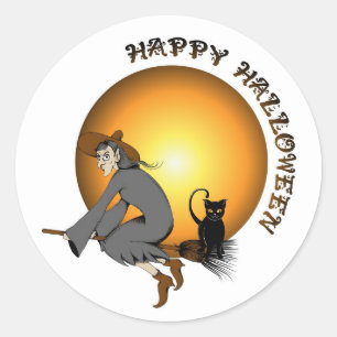 Adesivo Redondo Feliz Halloween Black Cat and Witch