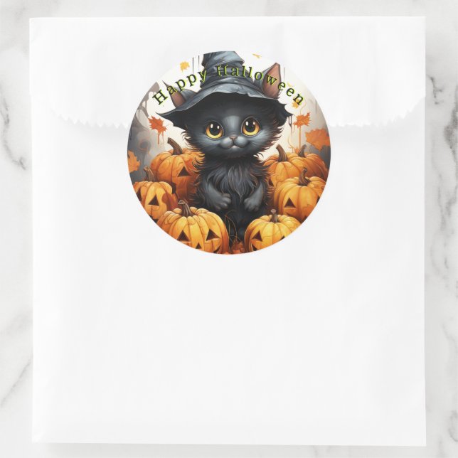 Adesivo Redondo Feliz Halloween Black Cat Pumpkins