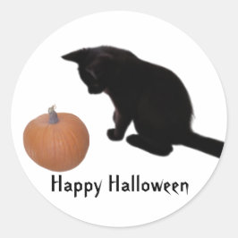Adesivo Redondo Feliz Halloween Black Kitten e Orange Pumpkin