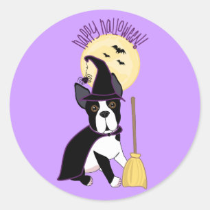 Adesivo Redondo Feliz Halloween Boston Terrier Witch